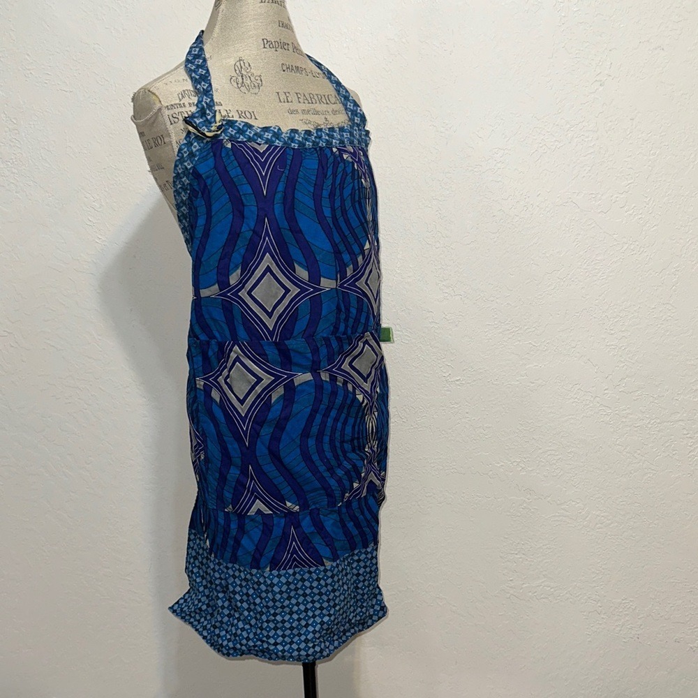 Handmade African Wax Print Apron Blue Purple Geometric Ankara Halter with Pocket